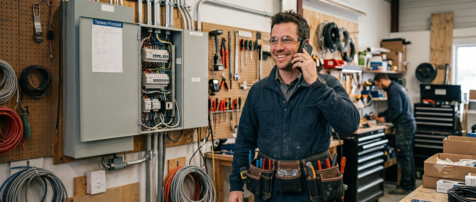 Installateur électricien au téléphone dans son atelier